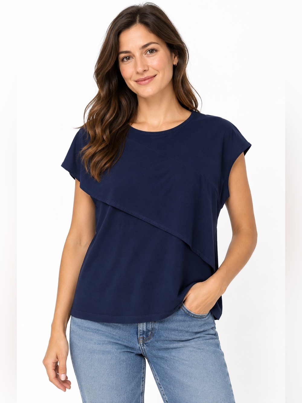 Clara Sun Woo Layered Navy Blue Blouse Women’s Large Short Sleeve Travel Top
